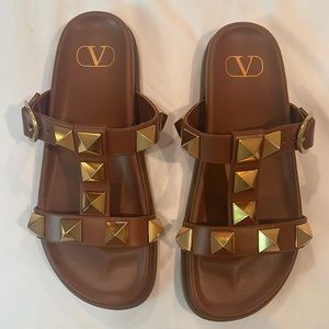 Valentino Garavani Brown Leather Studded Slide Sandals with Gold Pyramid Studs